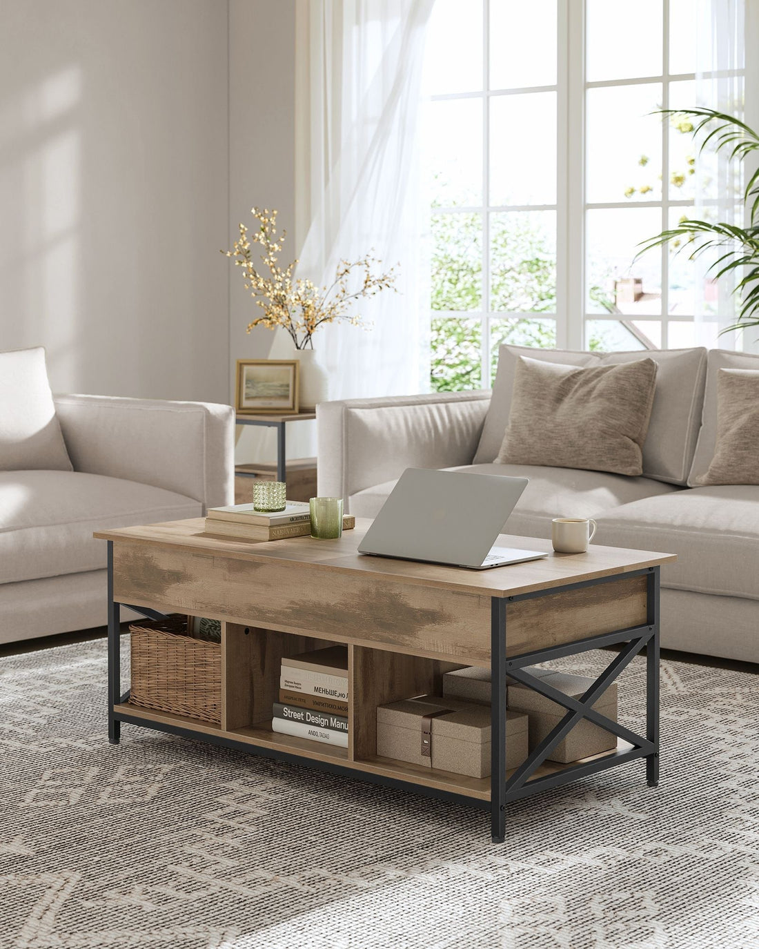 Couchtisch mit Stauraum - Holz/Stahl - Braun/Schwarz - 60 x 120 x 48-62 cm