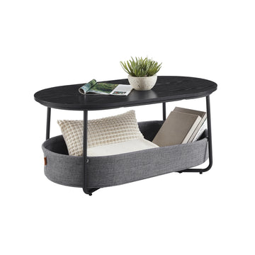 Ovale salontafel met opbergruimte en stoffen mand | Tintenzwart-leigrijs | 100x55x45,7 cm