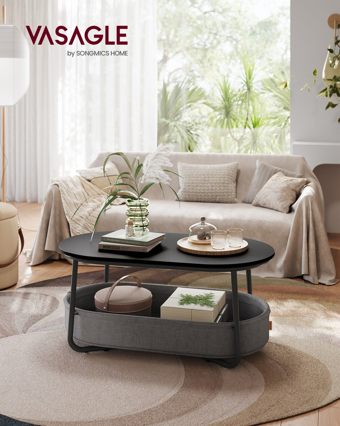 Ovale salontafel met opbergruimte en stoffen mand | Tintenzwart-leigrijs | 100x55x45,7 cm