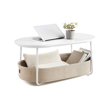 Ovale salontafel met opbergruimte en stoffen mand | Mat wit-camelbruin | 100x55x45,7 cm