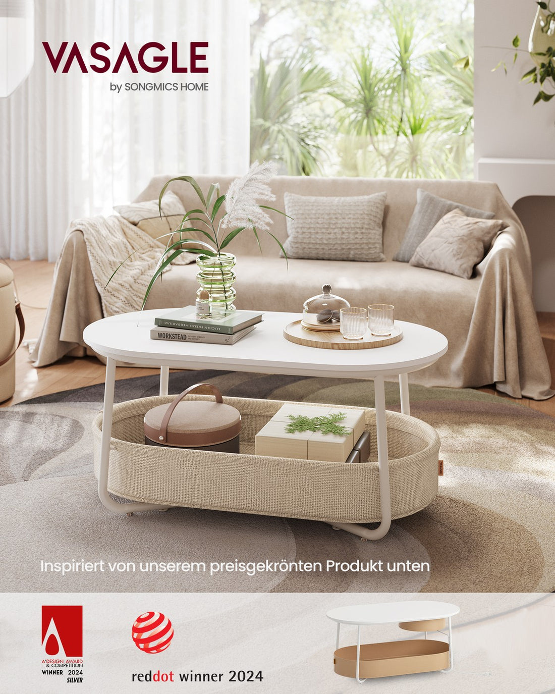 Ovale salontafel met opbergruimte en stoffen mand | Mat wit-camelbruin | 100x55x45,7 cm