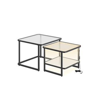 Salontafelset 2-delig met LED - gehard glas, staal - wit/zwart - 60x60x45 & 50x50x40 cm