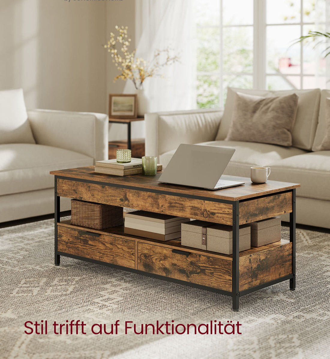 Höhenverstellbarer Couchtisch mit Schublade, Vintage, 50 x 120 x 48-63 cm