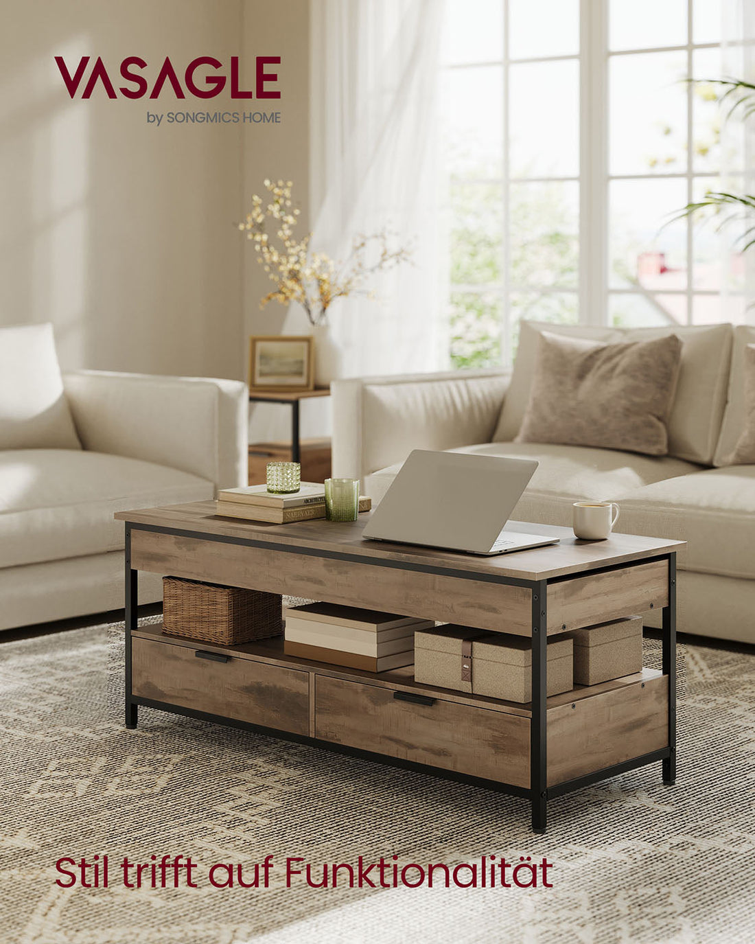 Salontafel met lades - spaanplaat/staal - 50x120 cm - verstelbaar 48-63 cm