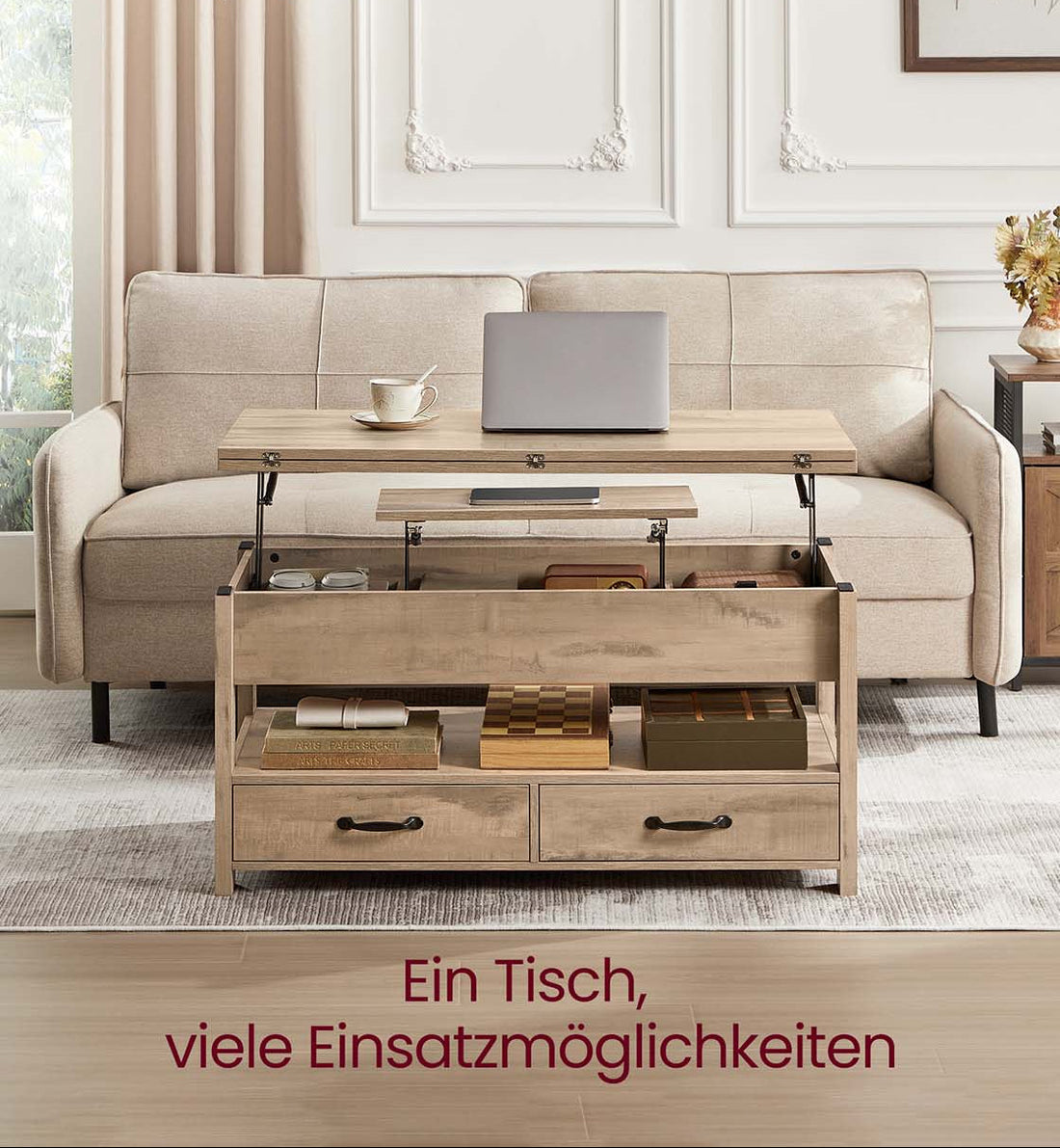 Höhenverstellbarer Couchtisch mit Lift-Top – 50 x 100 x 49,1/64,1 cm – Braun