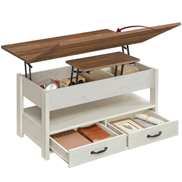Verstelbare salontafel met 2 laden en 3 vakken | Honingbruin-vintagewit | 100x50x49,1/64,1 cm