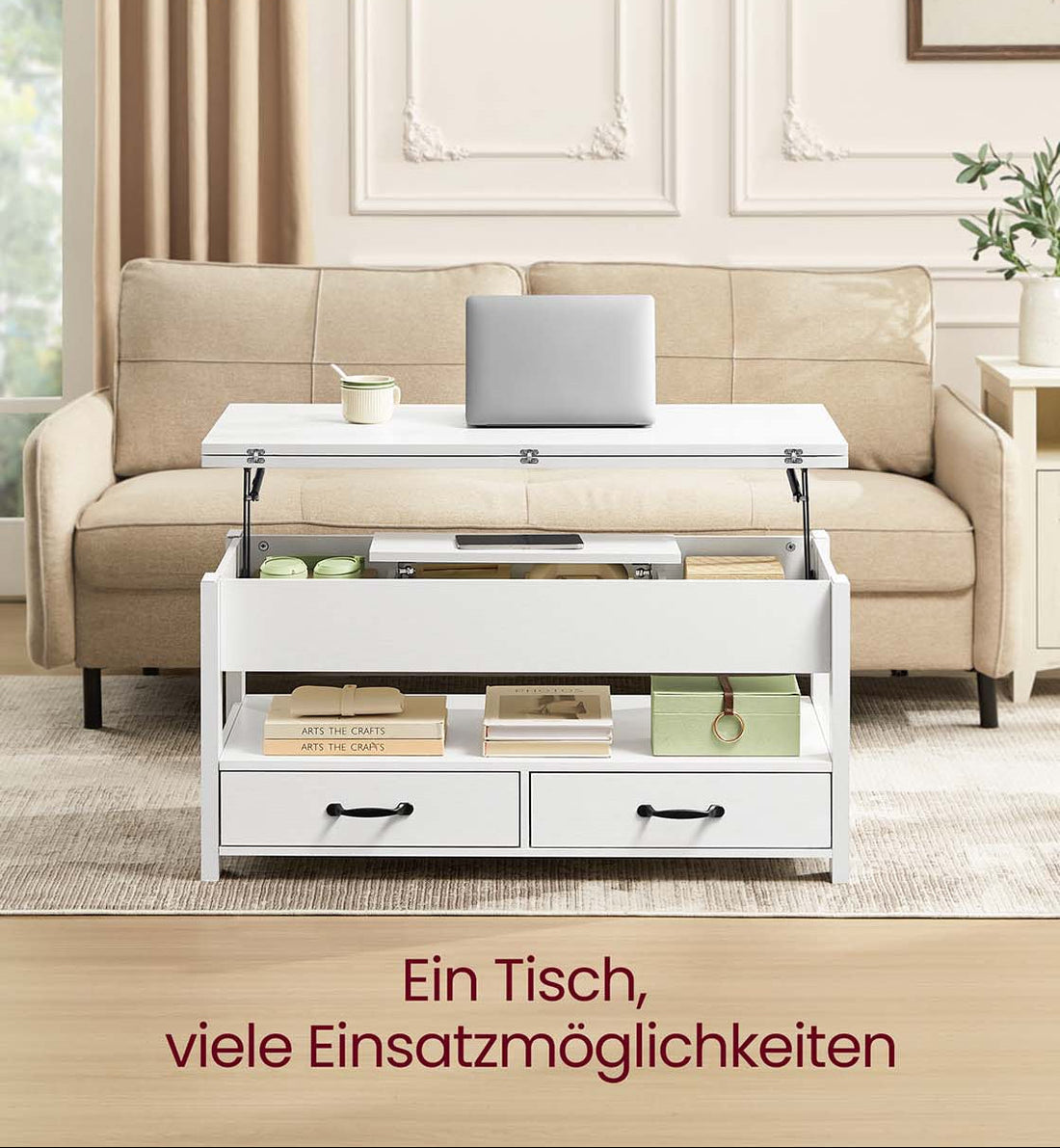 Couchtisch mit Lift-Top, Stauraum und verstellbarer Höhe, weiß - 50 x 100 x 49,1/64,1 cm