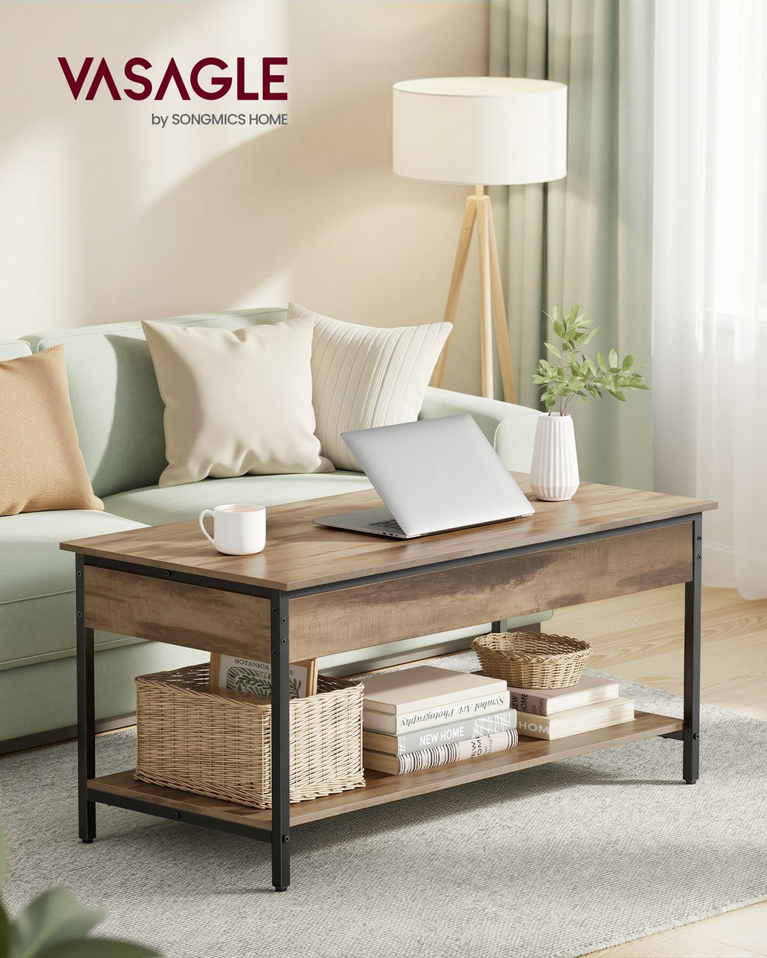 Hoogteverstelbare salontafel met vak | Kamelbruin-tintenzwart | 100x50 cm