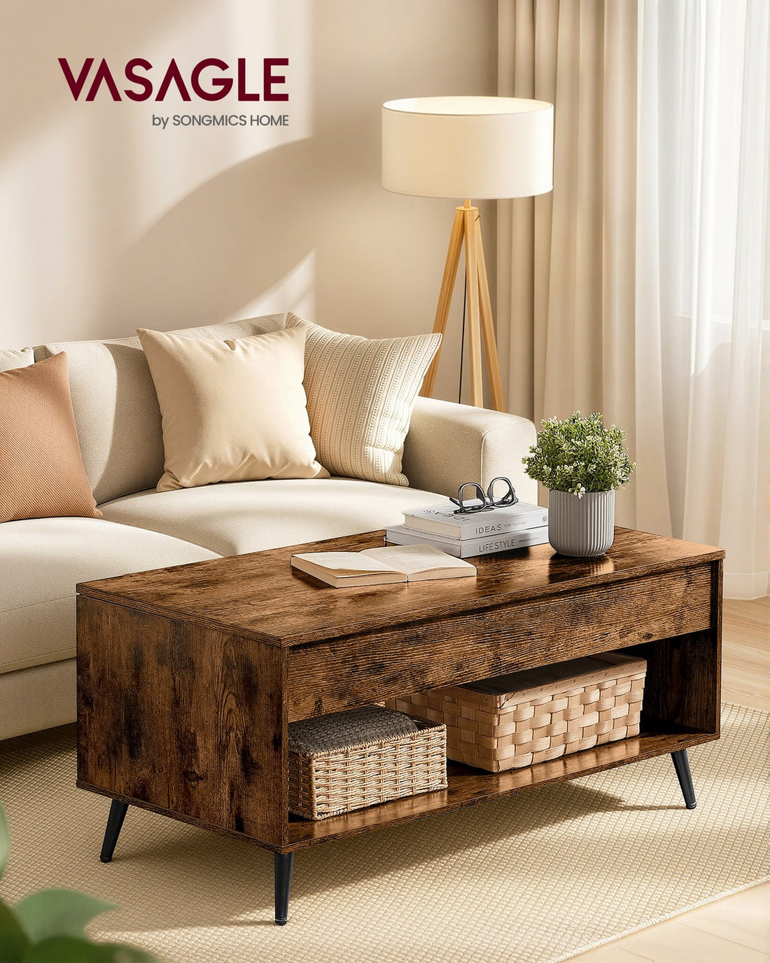 Salontafel met verstelbaar blad en verborgen vak | Vintagebruin-Mat Zwart | 100x50x45/58,5 cm