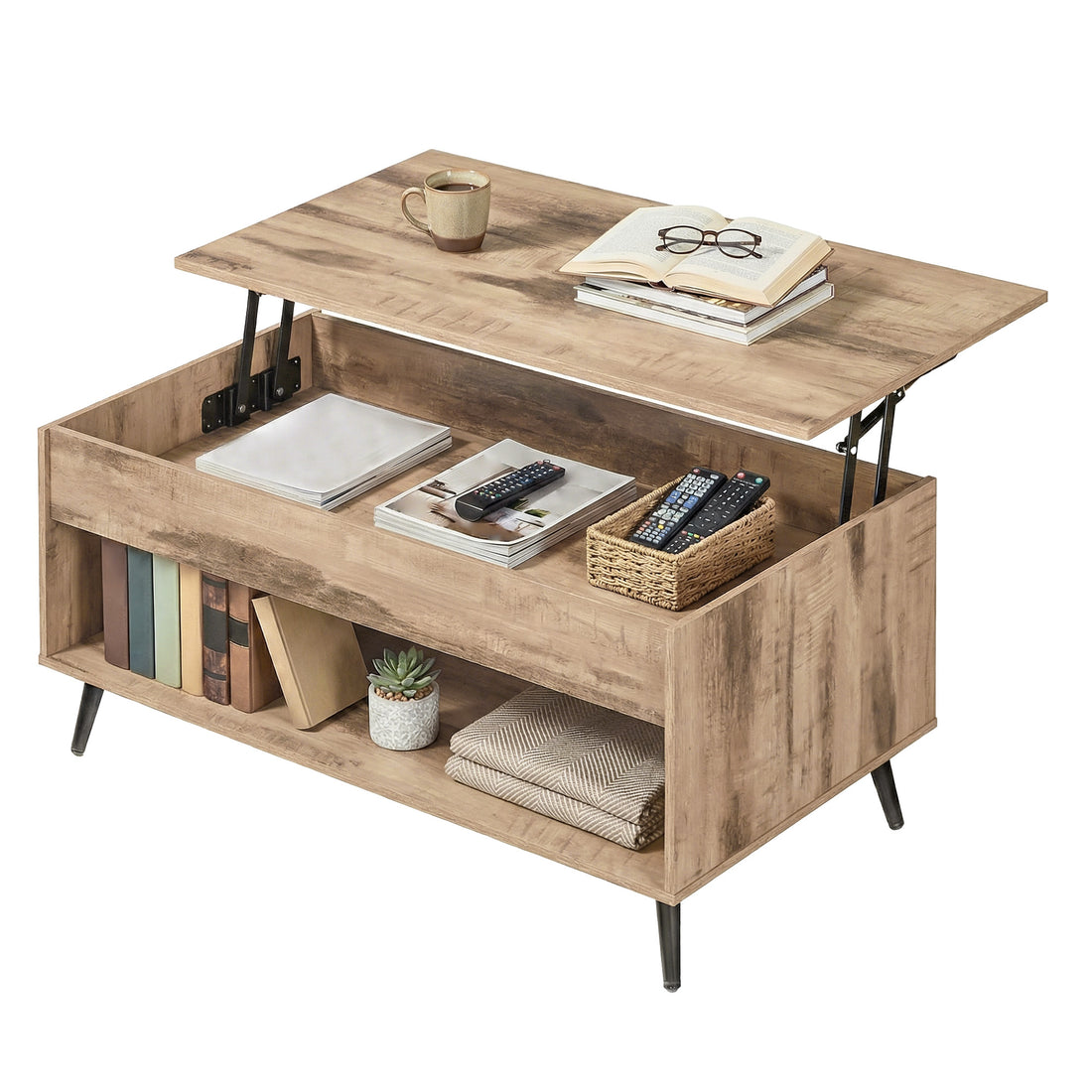Hoogteverstelbare salontafel met verborgen vak | Kamelbruin-Zwart | 100x50x45/58,5 cm