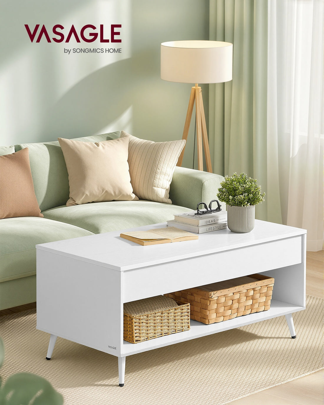 Salontafel met verstelbaar blad en verborgen vak | Sneeuwwit matwit | 100x50x45/58,5 cm