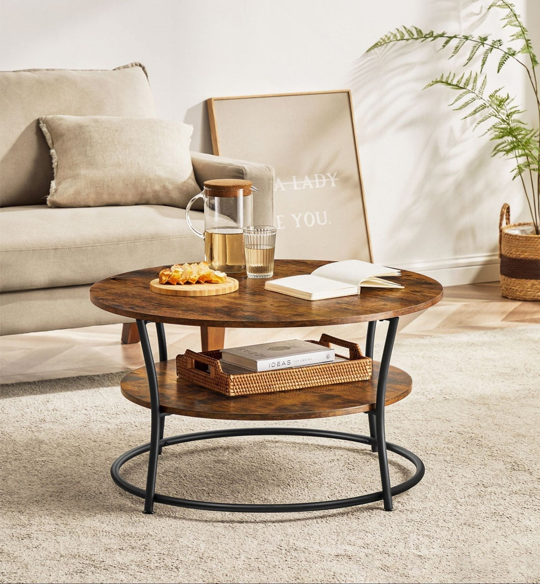 Runder Couchtisch mit 2 Ablagen - Vintage - Spanplatte & Stahl - 80 x 45 cm - Innenbereich