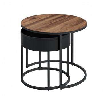Set van 2 ronde bijzettafels | Walnootkleurig-zwart | 60x60x45 cm en 44x44x42 cm
