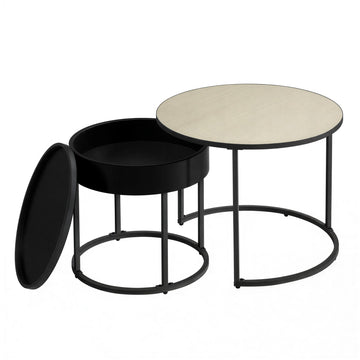 Ronde salontafelset 2-delig, moderne bijzettafels | Beige-zwart | 60x60x45 cm