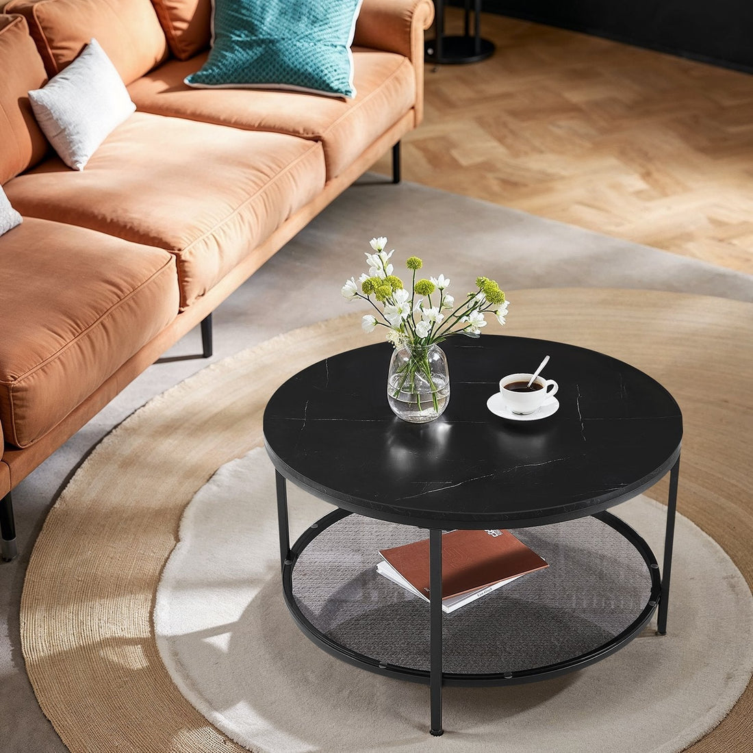 Couchtisch, höhenverstellbar, schwarze Marmoroptik, Holzspanplatte & Stahl, 80 x 46 cm