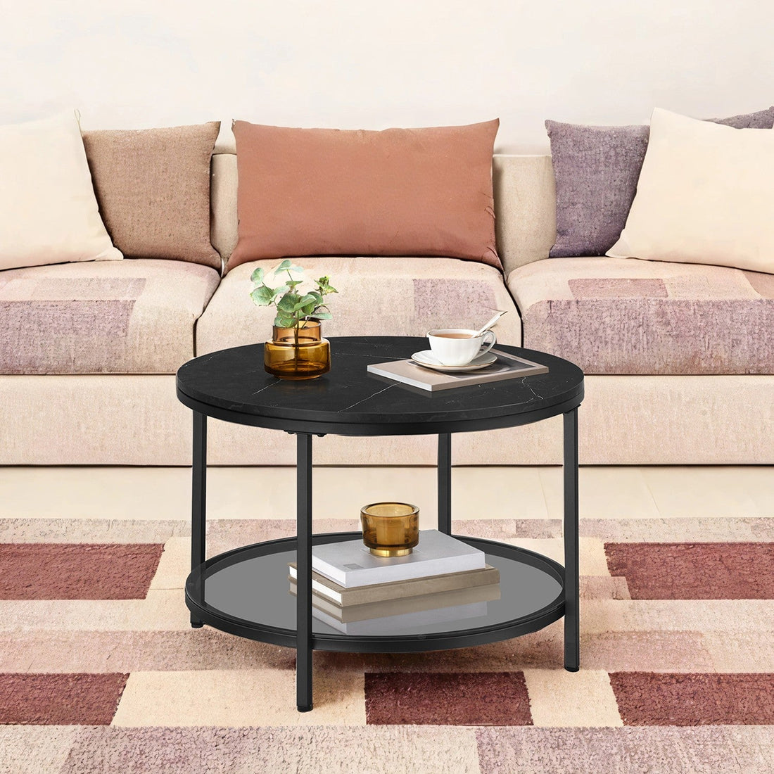 Runder Couchtisch - verstellbarer Fuß - Schwarz - 65 x 46 cm