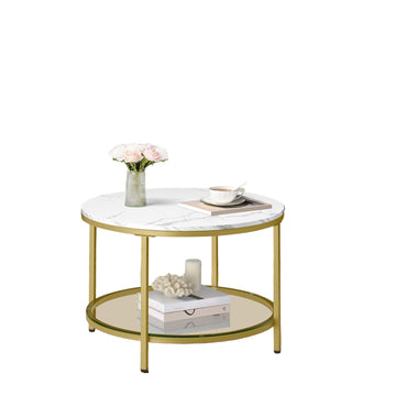 Marmerlook salontafel wit-goud - glazen tafel - verstelbare voet - 65 x 46 cm