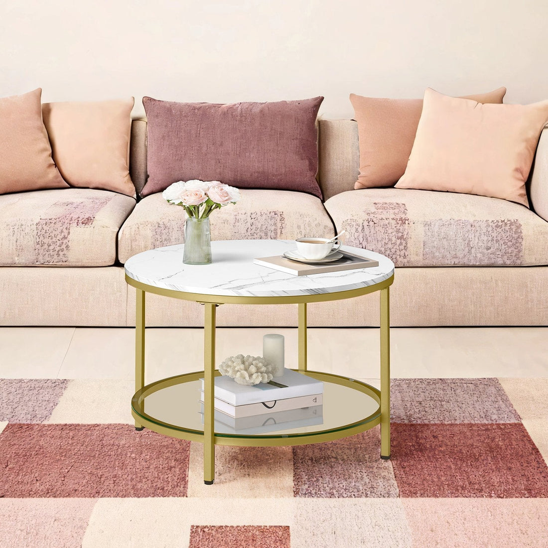 Couchtisch Marmoroptik Weiß-Gold - Glastisch - Verstellbarer Fuß - 65 x 46 cm