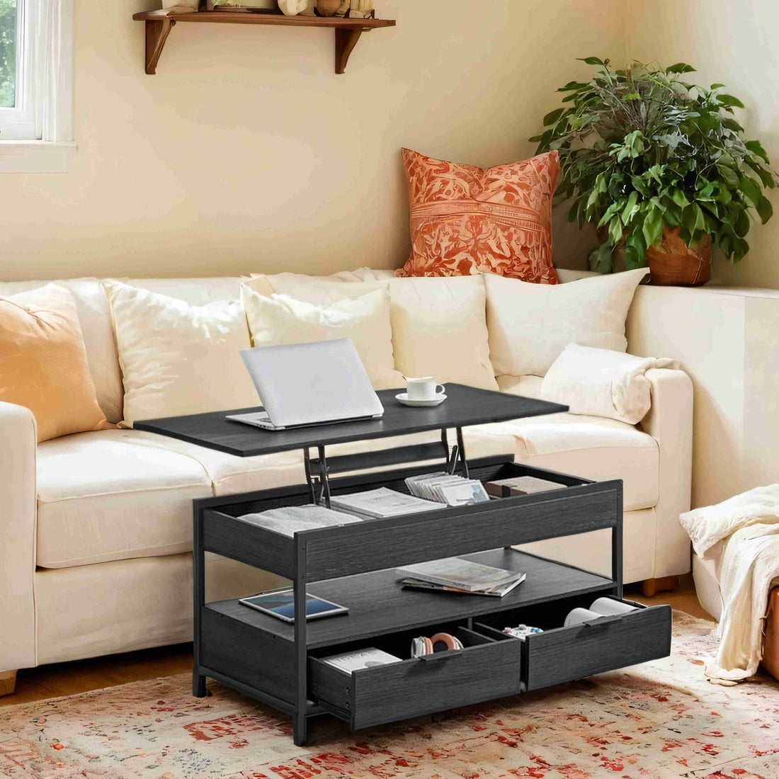 Couchtisch – höhenverstellbar – platzsparend – 50 x 100 x 48–63 cm – anthrazit-schwarz