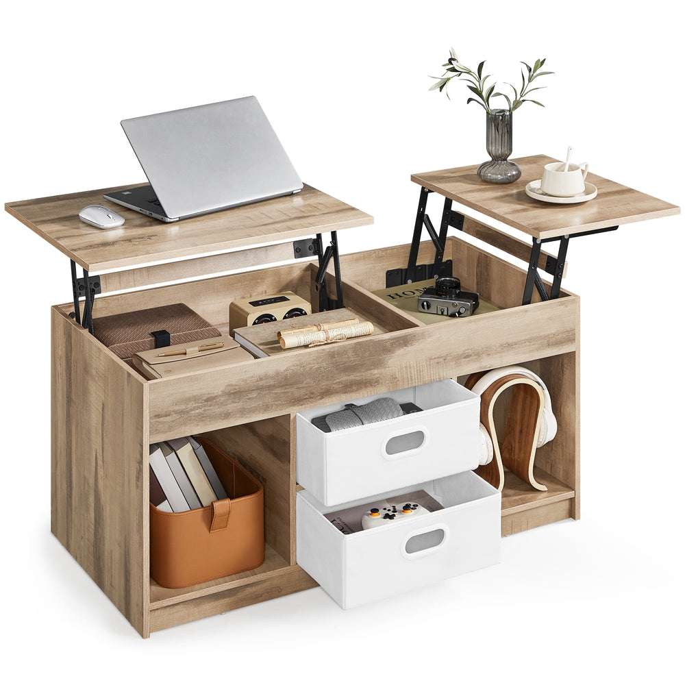 In hoogte verstelbare salontafel met 2 laden | Bruin-wit | 100x50x48/62,3 cm