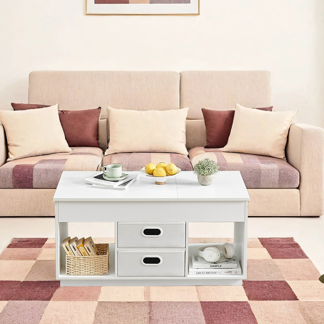 Witte salontafel, staal/houtspaanplaat, modern, 50 x 100 x 48/62,3 cm