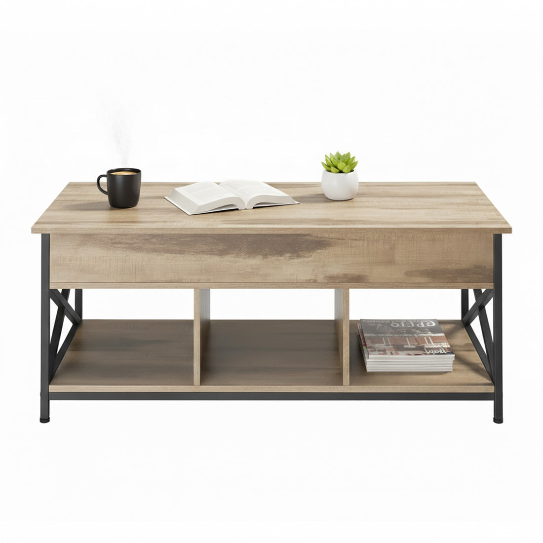 In hoogte verstelbare salontafel met open en verborgen opbergruimte | Bruin-Zwart | 120x60x48-62 cm