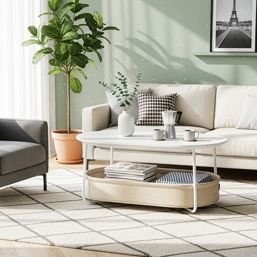 Beistelltisch mit Stoffkorb und Stauraum | Weiß-Braun | 100x45x45,7 cm