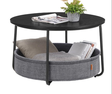 Bijzettafel met stoffen mand - spaanplaat - 75 cm D x 45 cm H - inktzwart/leigrijs