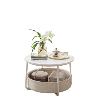 Bijzettafel met stoffen mand - wit/bruin - ruimtebesparend - 75 x 45 cm