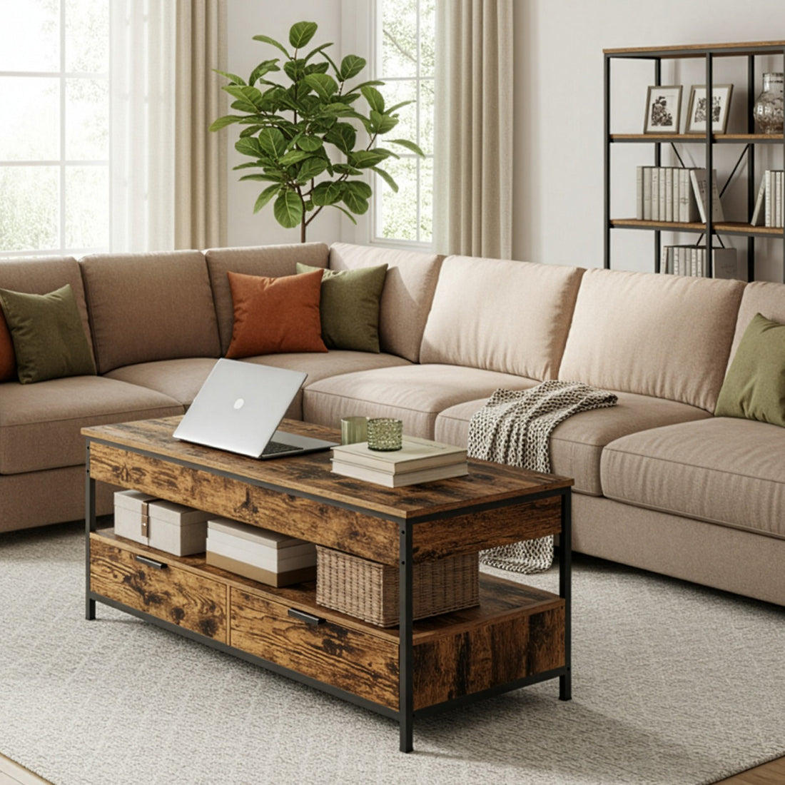 Hoogteverstelbare salontafel voor woonkamer | Bruin-zwart | 120,5x50,5x48,5-63,5 cm