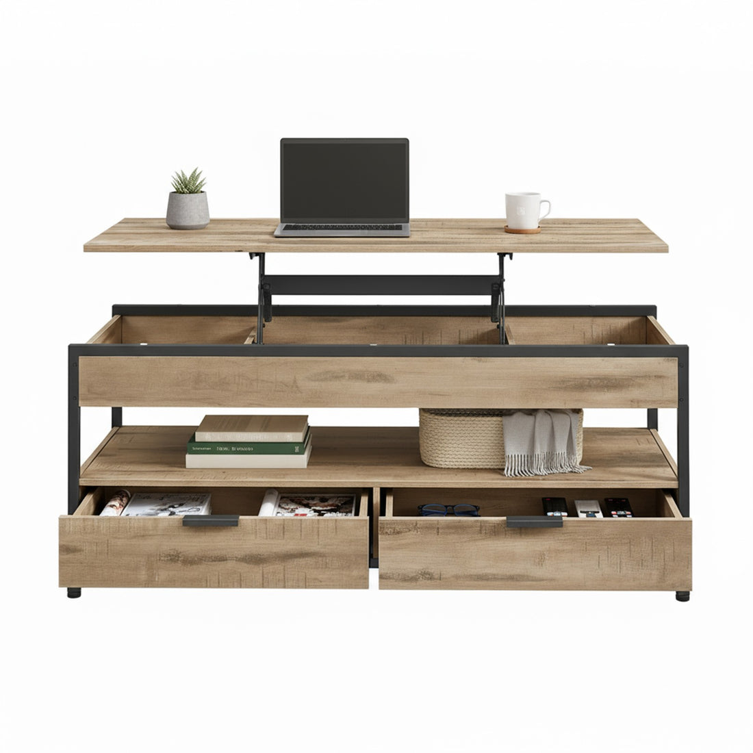 In hoogte verstelbare salontafel met laden | Bruin-Zwart | 120x50x48-63 cm