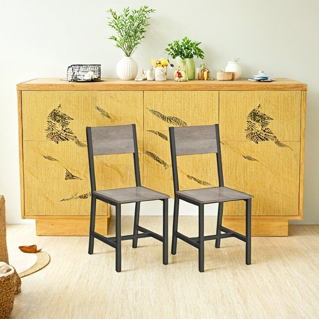 2-deligt matsalsstolsset brunt-grått trä och stål 36x46,6x87,1 cm