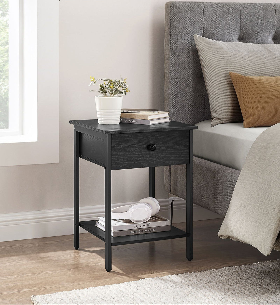 Beistelltisch mit Schublade - Nachttisch - Platzsparend - 40x40x55 cm - Schwarz