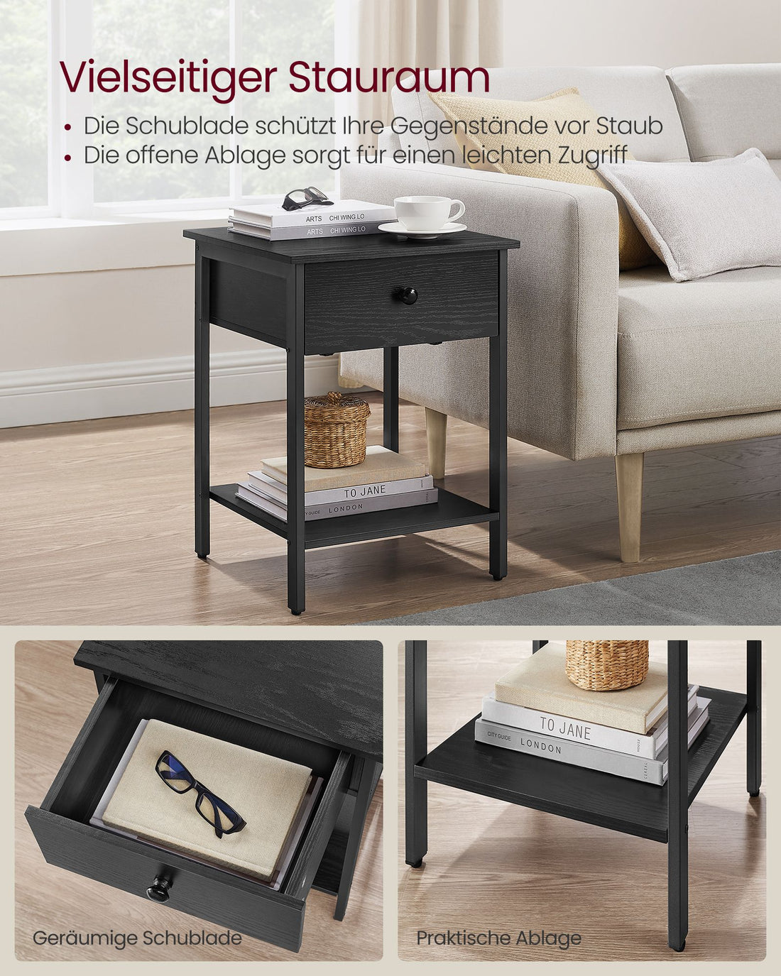Nachttisch schwarz - Spanplatte und Stahl - 40 x 40 x 55 cm - Schublade und Ablage - 40 kg