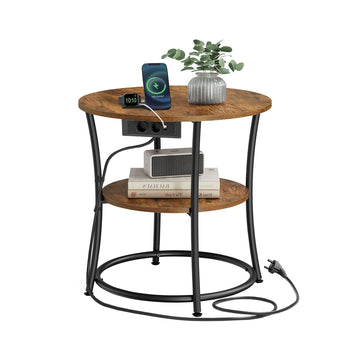 2-laagse salontafel met stekkerdoos | Vintagebruin-inktzwart | 55x55x55 cm