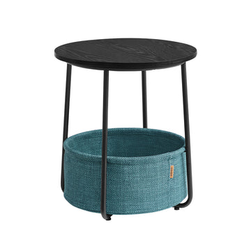 Ronde bijzettafel met stoffen mand | Zwarte houtlook-donkerturkoois | 45x45x50 cm