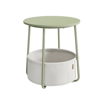 Ronde bijzettafel met stoffen mand | Lauriergroen-crèmewit | 45x45x50 cm