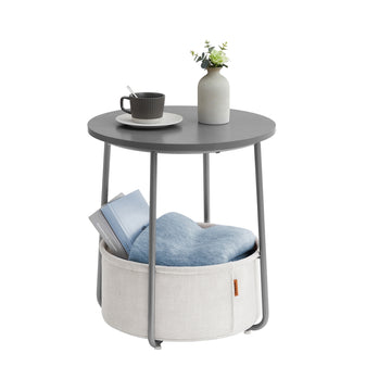 Ronde bijzettafel met stoffen mand | Cementgrijs-wolkenwit | 45x45x50 cm