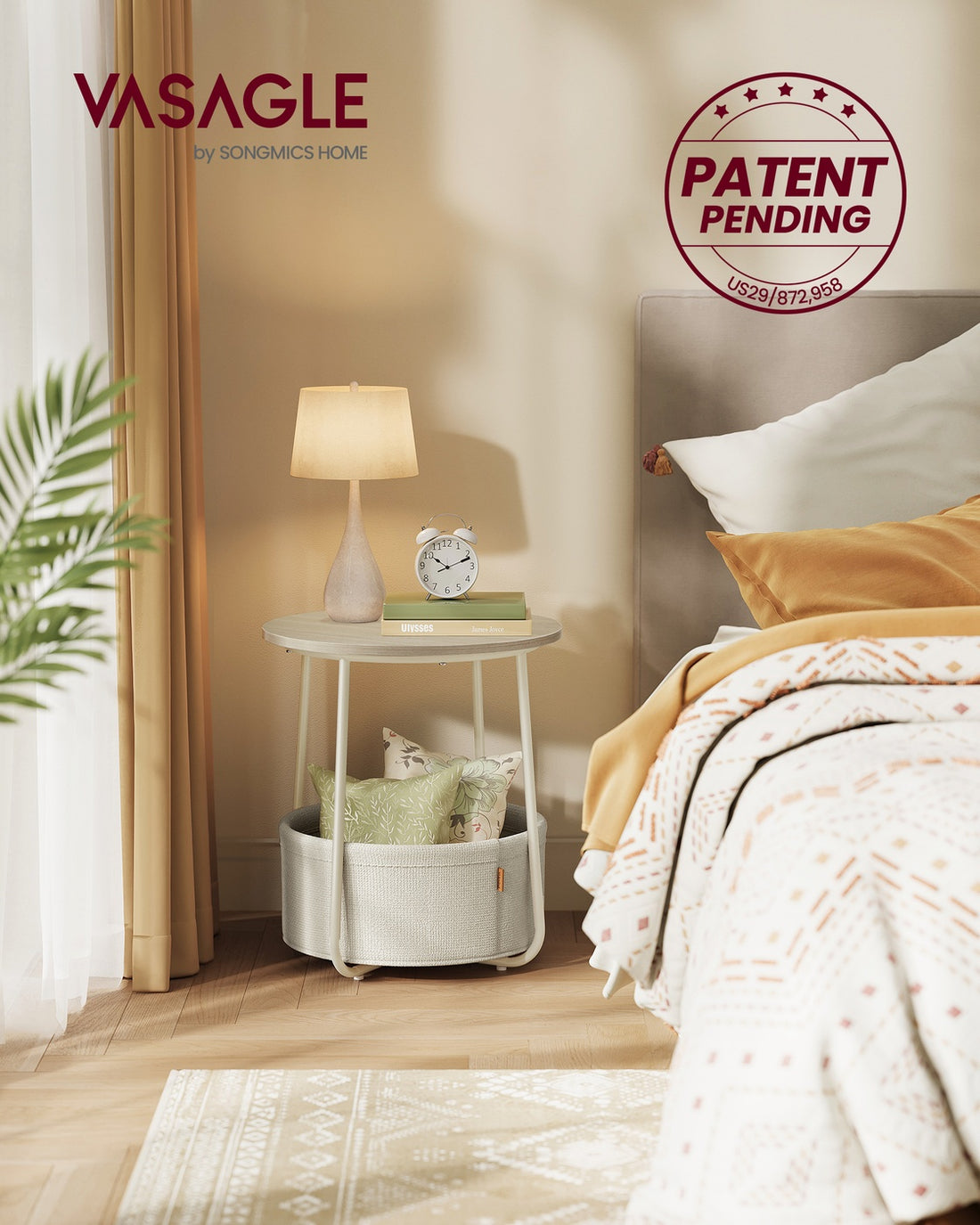 Runt sidobord med tygkorg | Beige | 45x45x50 cm