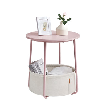 Ronde bijzettafel met stoffen mand | Pastelroze-wolkenwit | 45x45x50 cm