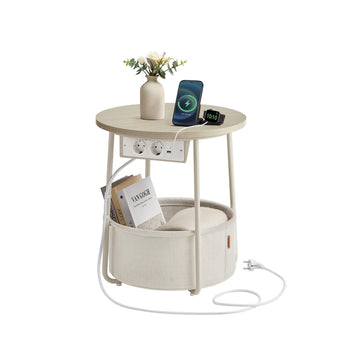 Bijzettafel met laadstation en stopcontact | Natuurbeige-crèmewit | 45x45x50 cm