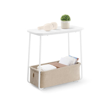 Vierkante bijzettafel met stoffen mand | Matwit-kamelbruin | 60x30x60 cm