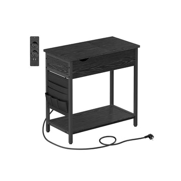 Zwarte bijzettafel met houtnerf – spaanplaat, staal en stoffen tas – 60 x 31,5 x 60 cm