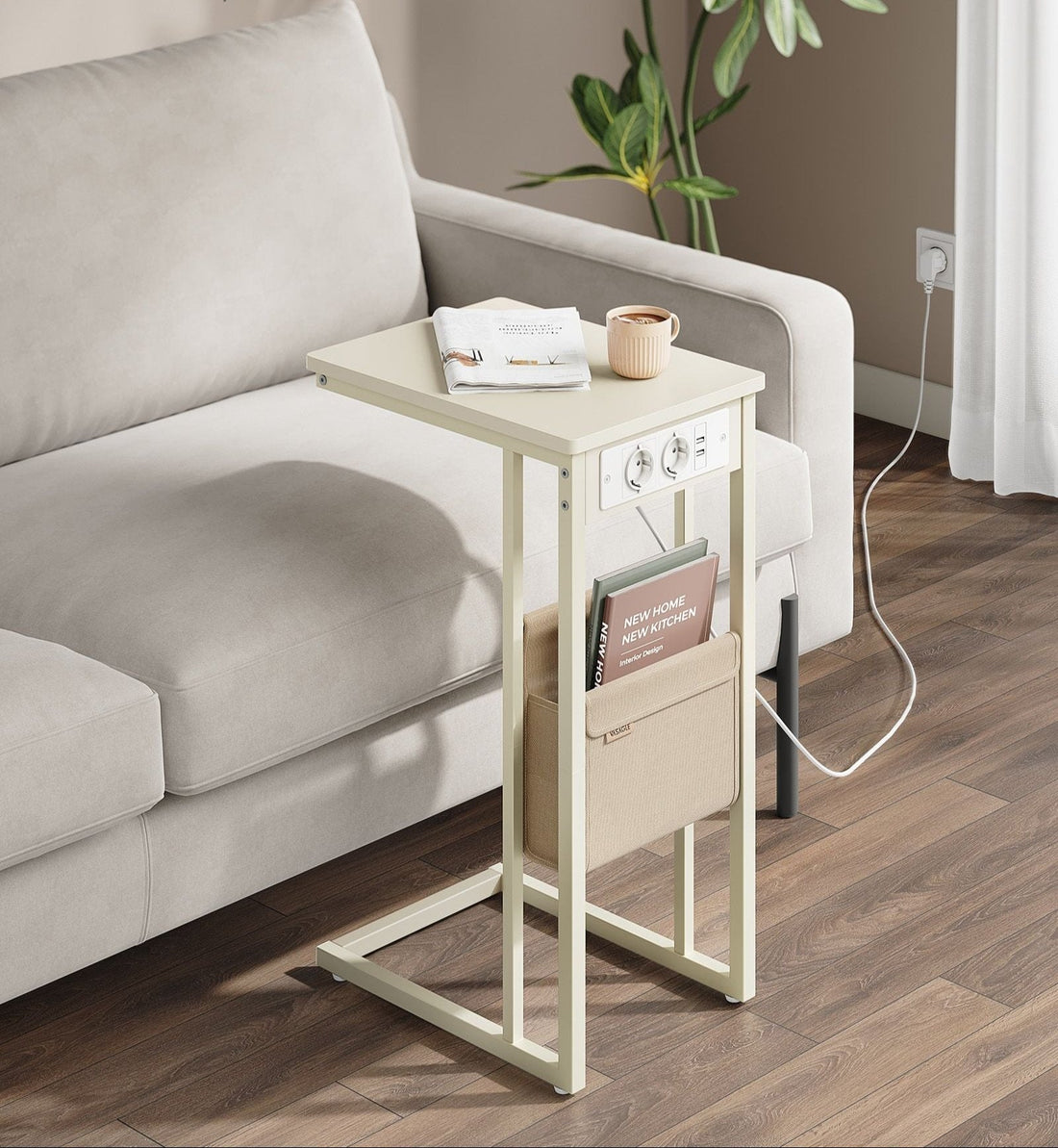 C-format sidobord med 2 eluttag, vit, 30 x 40 x 62 cm