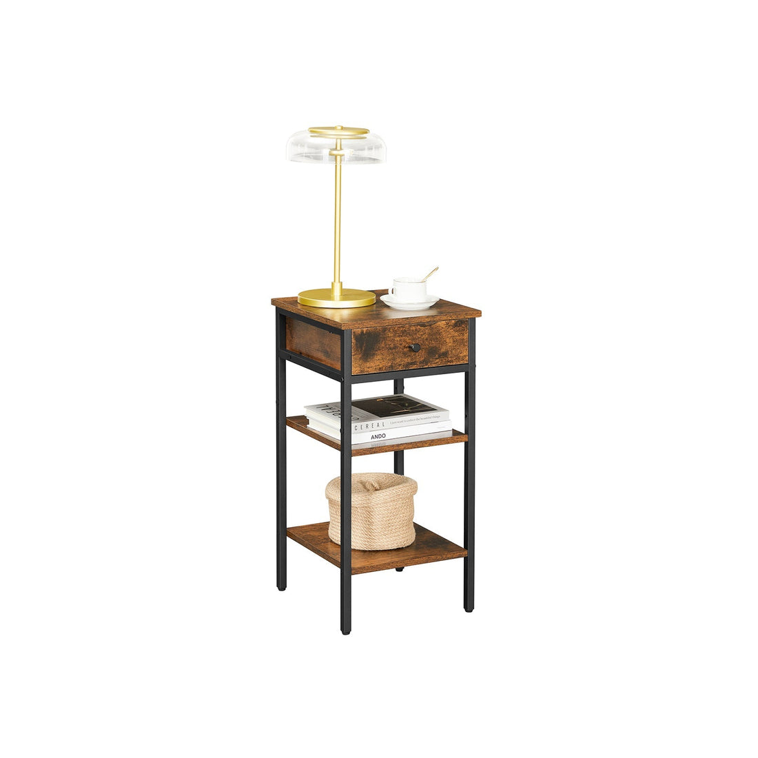 Nachttisch – platzsparend – Spanplatte & Stahl – 35 x 35 x 70 cm – Vintage Braun-Schwarz