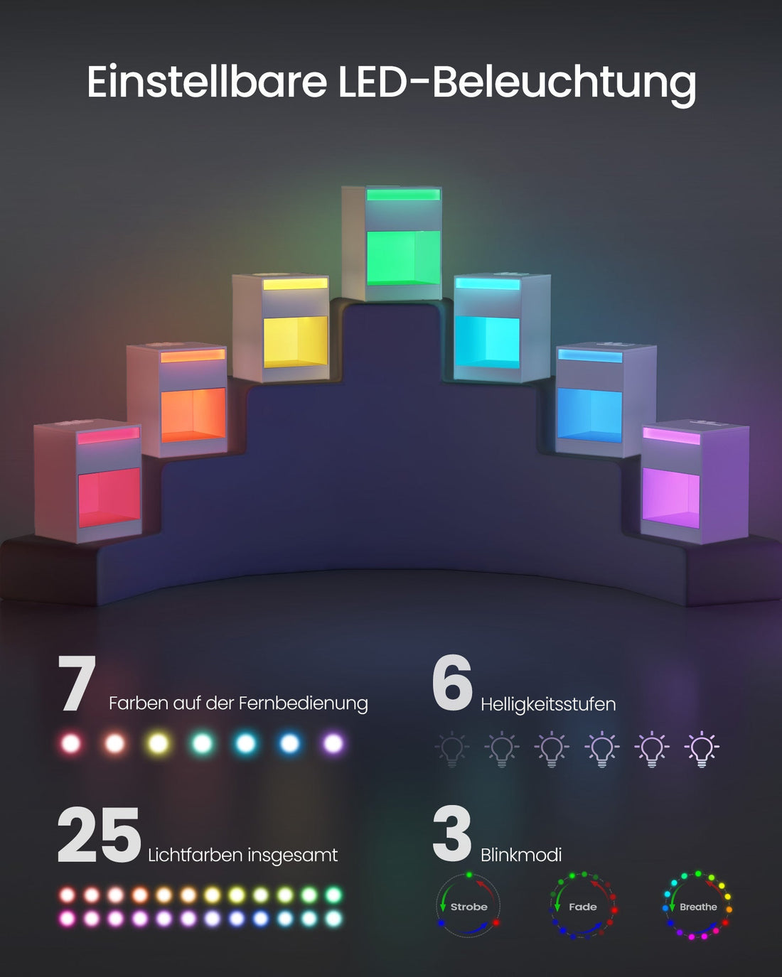 Vitt nattduksbord med LED - Modern design - 35 x 40 x 55 cm