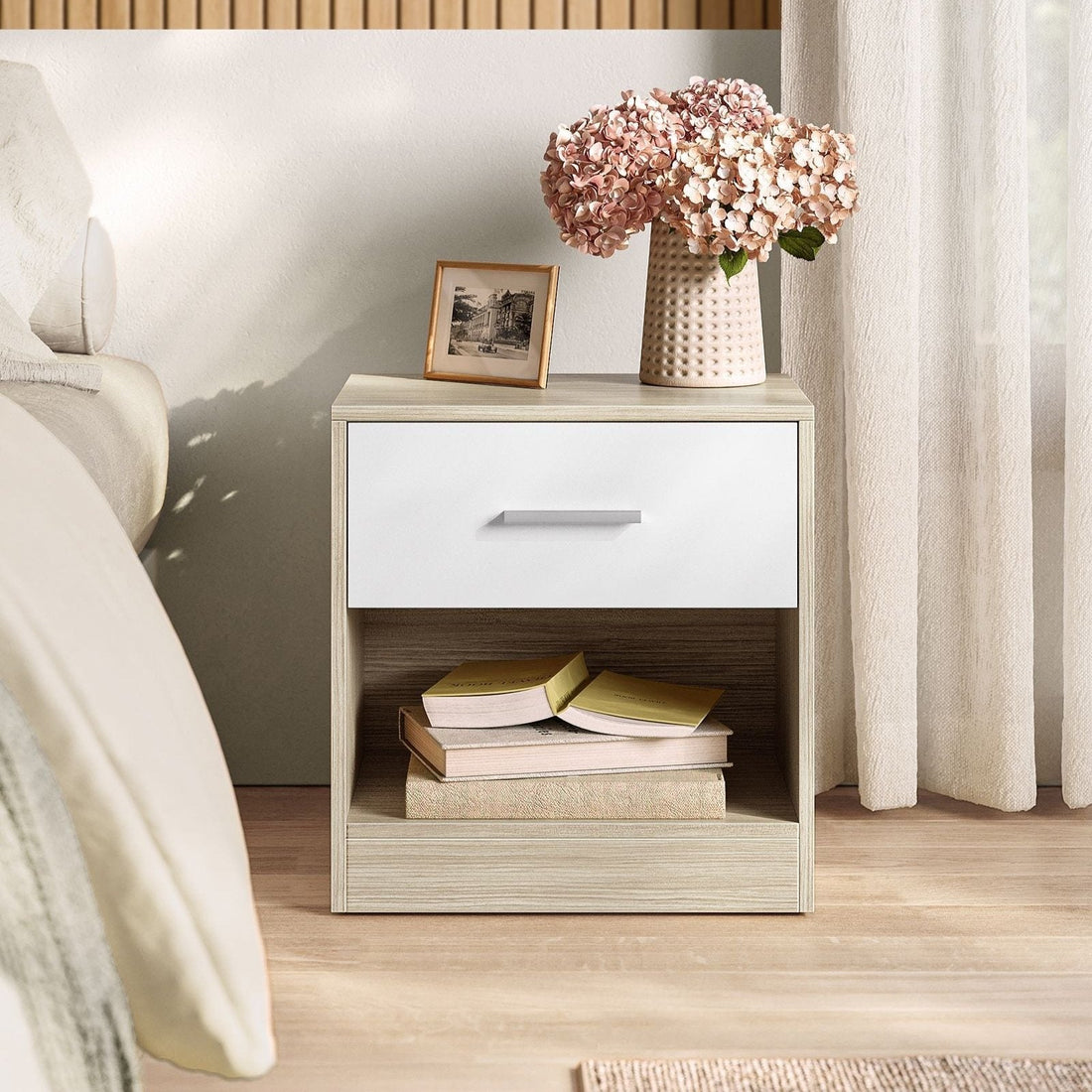Spanplatten-Beistelltisch – natur beige/weiß – Schublade und offenes Fach – 28 x 39 x 41 cm