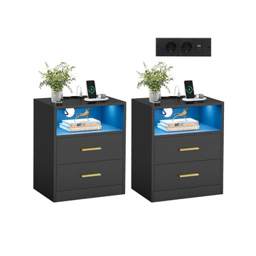 Set van 2 nachtkastjes met laadstation en ledverlichting | Tintenzwart | 40,1x35x50,2 cm