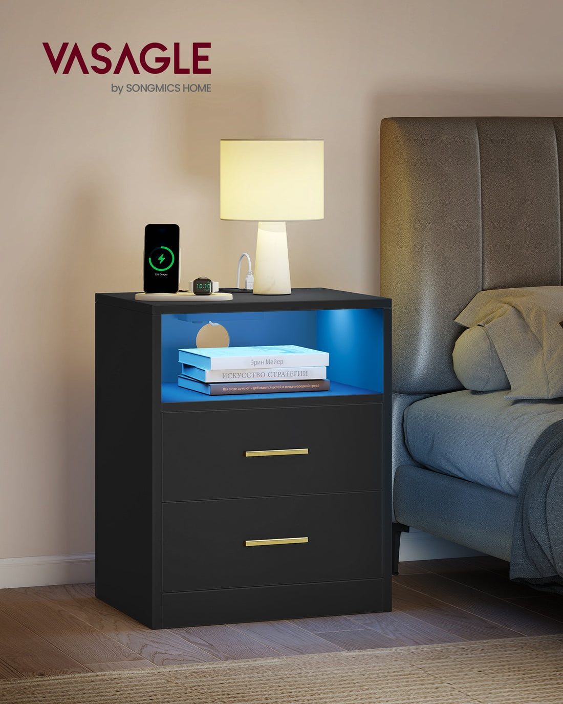 Set van 2 nachtkastjes met laadstation en ledverlichting | Tintenzwart | 40,1x35x50,2 cm
