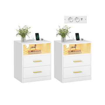 Set van 2 nachtkastjes met laadstation en led | Wolkenwit | 40,1x35x50,2 cm